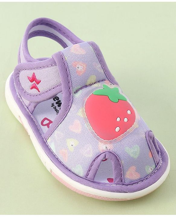 Cute Walk by Babyhug Velcro Closure Musical Sandals with Strawberry Applique - Purple