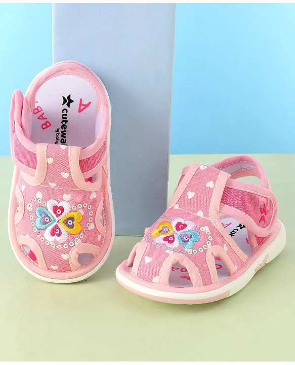 Cute Walk by Babyhug Sandals with Velcro Closure Heart Applique Sequine Detailing Pink