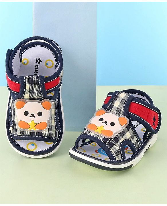 Cute Walk by Babyhug Velcro Closure Musical Sandals with Panda Applique - Navy Blue