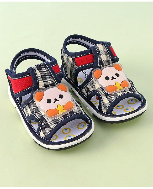 Cute Walk by Babyhug Velcro Closure Musical Sandals with Panda Applique - Navy Blue