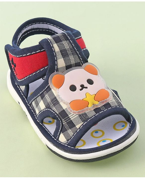 Cute Walk by Babyhug Velcro Closure Musical Sandals with Panda Applique - Navy Blue