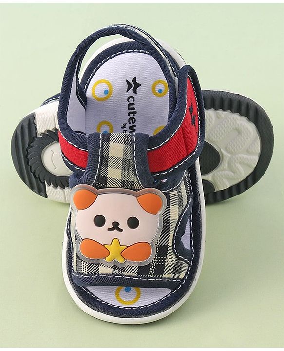 Cute Walk by Babyhug Velcro Closure Musical Sandals with Panda Applique - Navy Blue