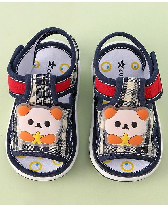 Cute Walk by Babyhug Velcro Closure Musical Sandals with Panda Applique - Navy Blue