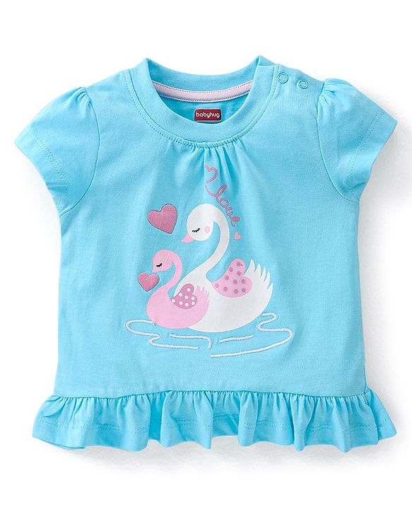 Babyhug Cotton Knit Half Sleeves Swan Printed Night Suit - Blue & Pink