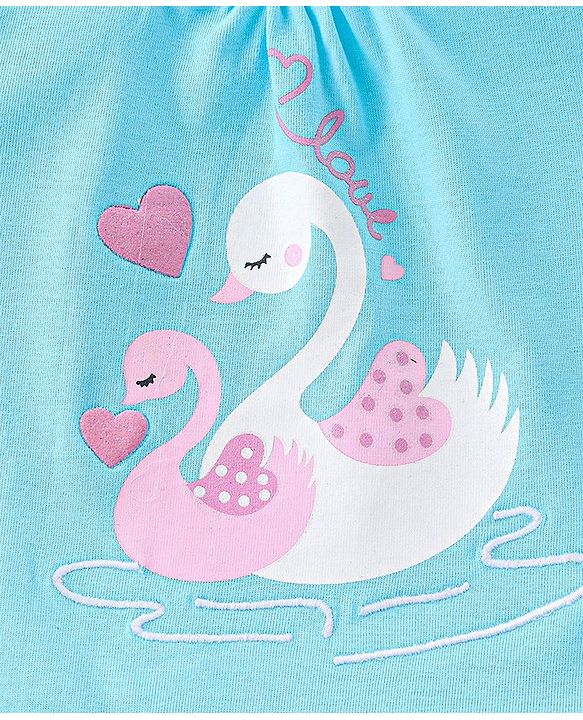 Babyhug Cotton Knit Half Sleeves Swan Printed Night Suit - Blue & Pink