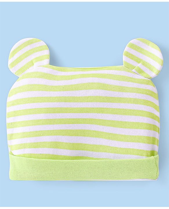 Babyhug 100% Cotton Full Sleeves Onesies With Cap Stripes & Dino Print- Green
