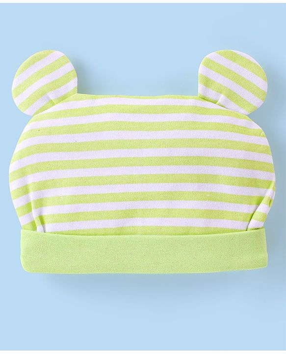 Babyhug 100% Cotton Full Sleeves Onesies With Cap Stripes & Dino Print- Green
