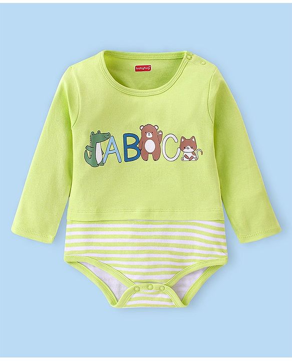 Babyhug 100% Cotton Full Sleeves Onesies With Cap Stripes & Dino Print- Green
