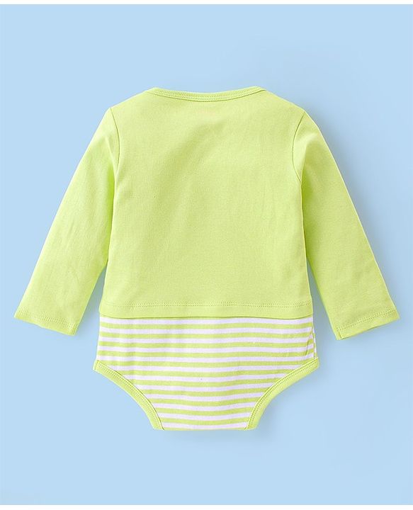 Babyhug 100% Cotton Full Sleeves Onesies With Cap Stripes & Dino Print- Green
