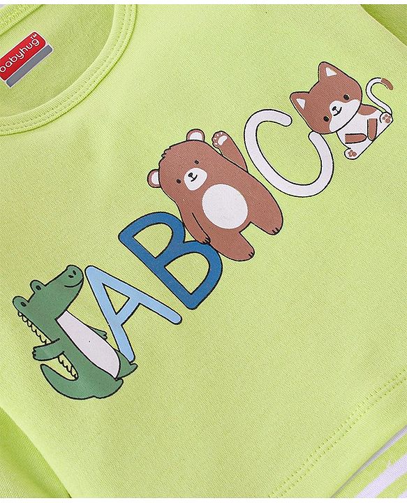 Babyhug 100% Cotton Full Sleeves Onesies With Cap Stripes & Dino Print- Green