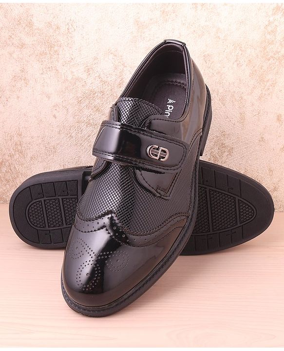 Pine Kids Textured & Appliqued Formal & Party Wear Shoes with Velcro Closure - Black