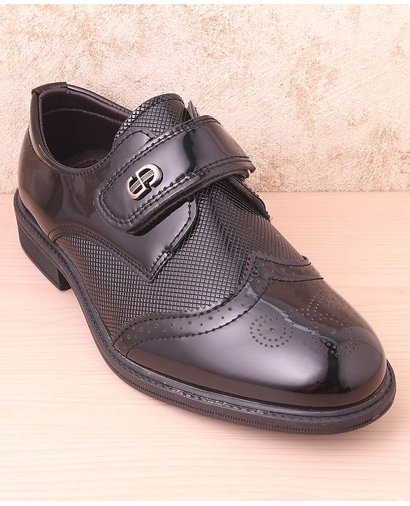 Pine Kids Textured & Appliqued Formal & Party Wear Shoes with Velcro Closure - Black