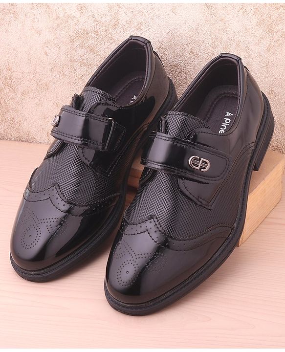 Pine Kids Textured & Appliqued Formal & Party Wear Shoes with Velcro Closure - Black