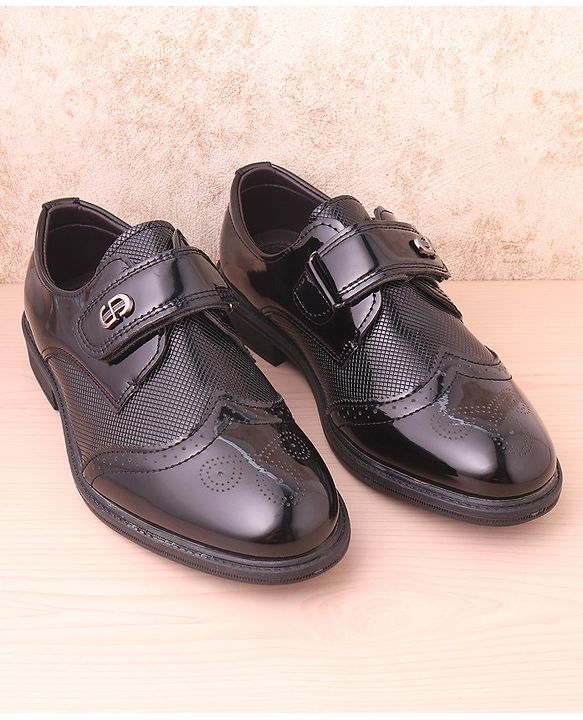 Pine Kids Textured & Appliqued Formal & Party Wear Shoes with Velcro Closure - Black