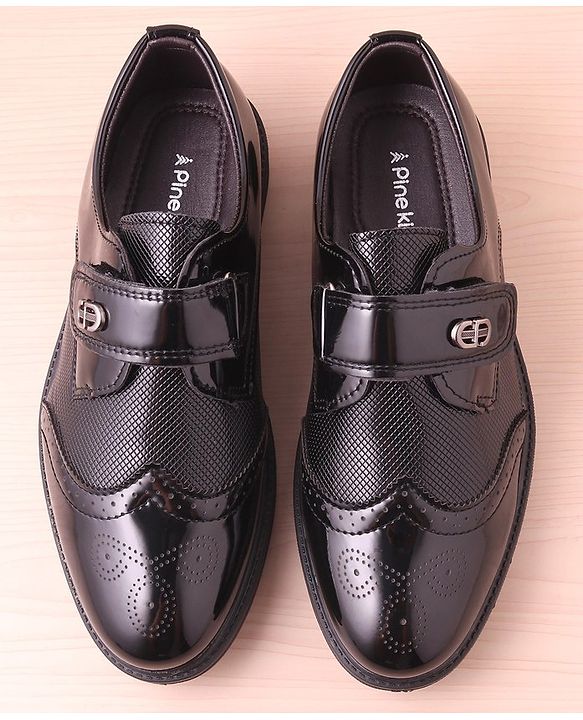 Pine Kids Textured & Appliqued Formal & Party Wear Shoes with Velcro Closure - Black
