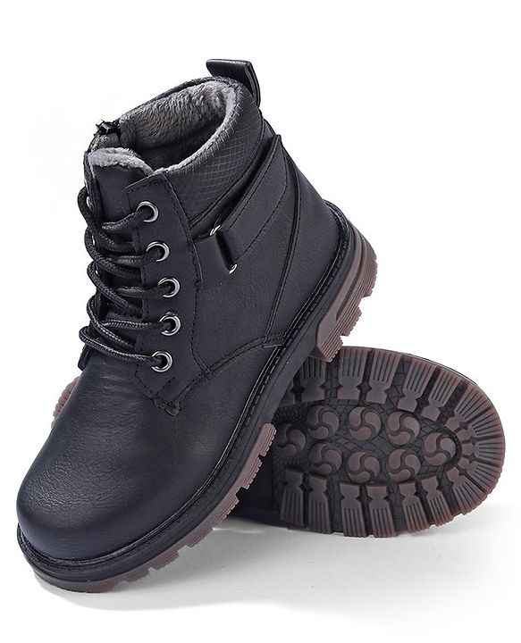 Pine Kids Slip On Winter Boots with Side Zipper & Velcro Closure - Black