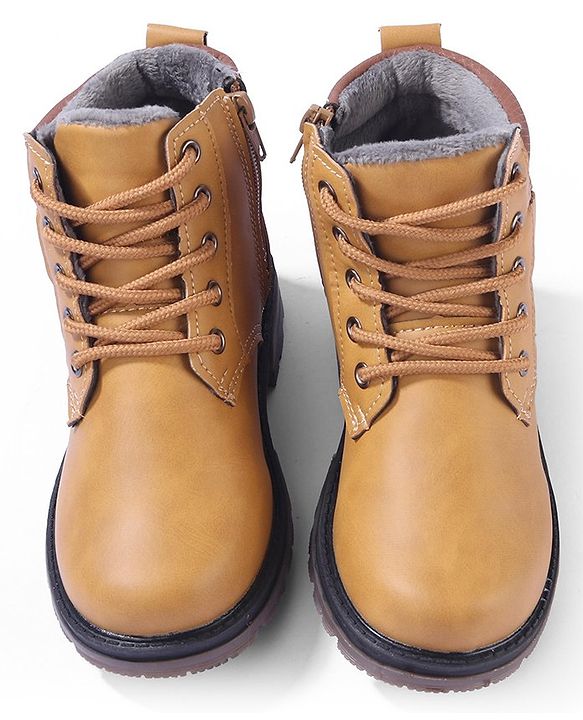 Pine Kids Slip On Winter Boots with Side Zipper & Velcro Closure - Brown