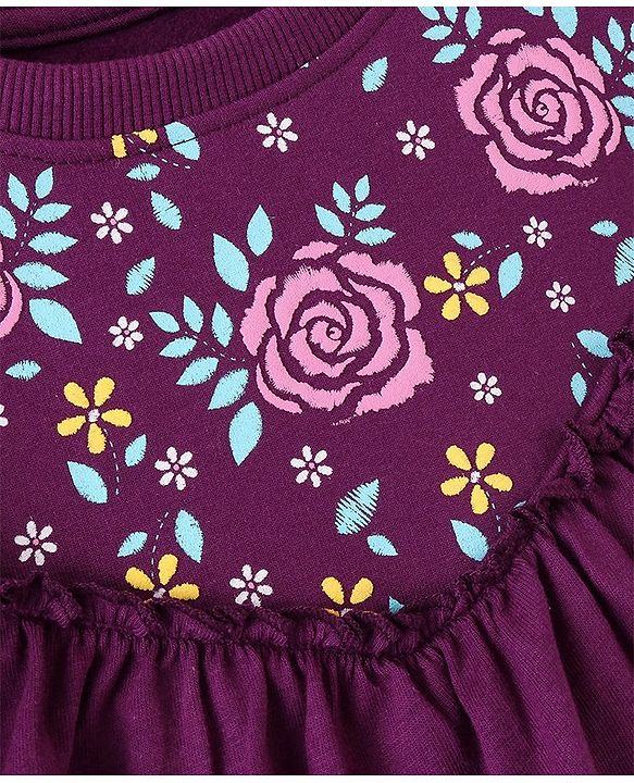 Pine Kids 100% Cotton Knit Full Sleeves Sweatshirt with Ruffle Neck Floral Print - Violet