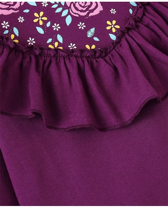 Pine Kids 100% Cotton Knit Full Sleeves Sweatshirt with Ruffle Neck Floral Print - Violet