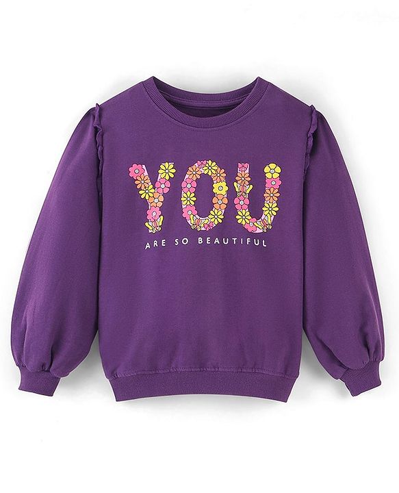 Pine Kids Balloon Sleeves Round Neck Biowashed Sweatshirt Puff Print - Acai Purple