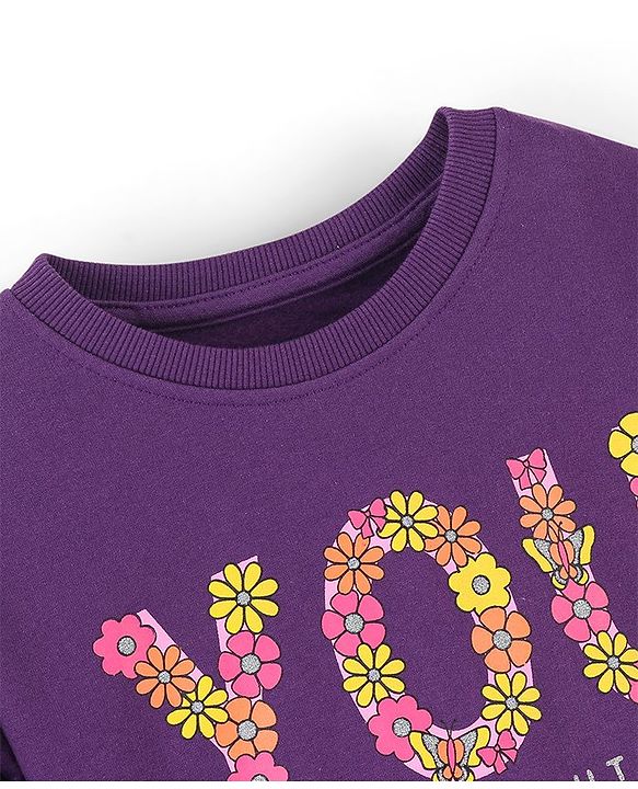 Pine Kids Balloon Sleeves Round Neck Biowashed Sweatshirt Puff Print - Acai Purple