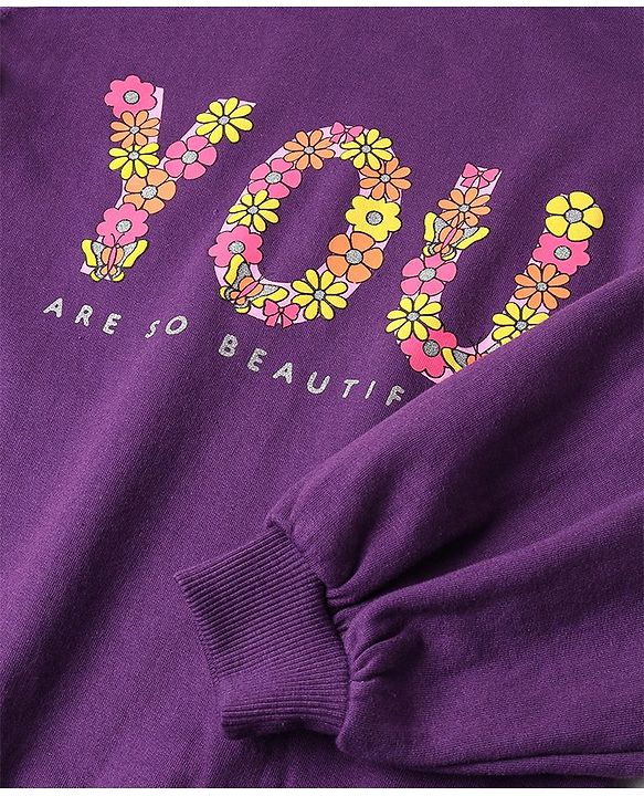 Pine Kids Balloon Sleeves Round Neck Biowashed Sweatshirt Puff Print - Acai Purple