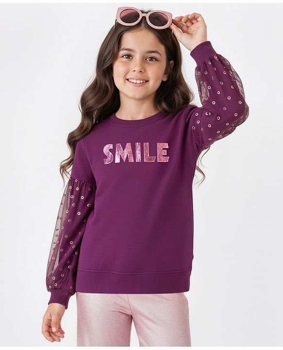 Pine Kids Cotton Full Sleeves Glitter Print Sweatshirt - Purple