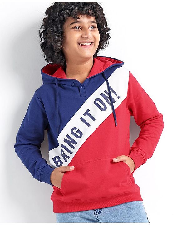 Pine Kids Full Sleeves Hooded Biowashed Sweatshirt Text Print - Blue & Red