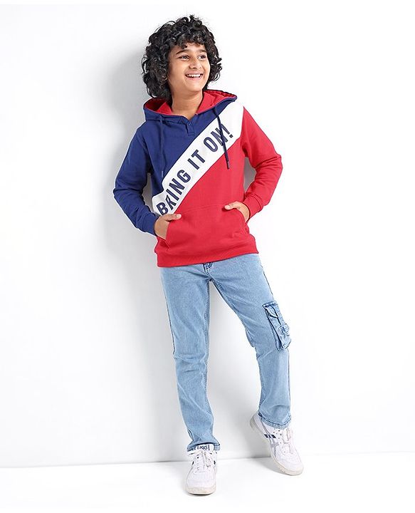 Pine Kids Full Sleeves Hooded Biowashed Sweatshirt Text Print - Blue & Red