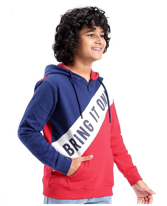 Pine Kids Full Sleeves Hooded Biowashed Sweatshirt Text Print - Blue & Red