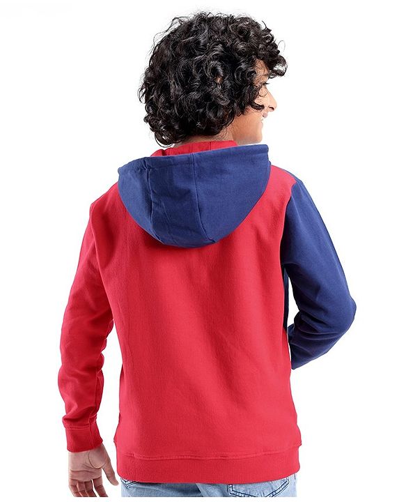 Pine Kids Full Sleeves Hooded Biowashed Sweatshirt Text Print - Blue & Red
