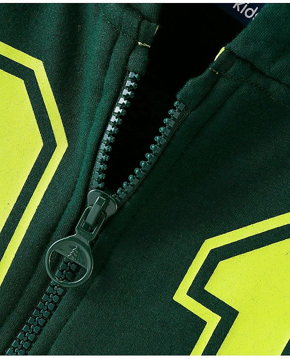 Pine Kids Cotton Knit Full Sleeves Hooded Bio Washed Basic Sweat Jacket With Text Print - Aventurine
