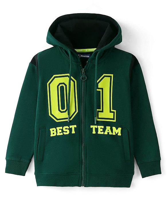 Pine Kids Cotton Knit Full Sleeves Hooded Bio Washed Basic Sweat Jacket With Text Print - Aventurine