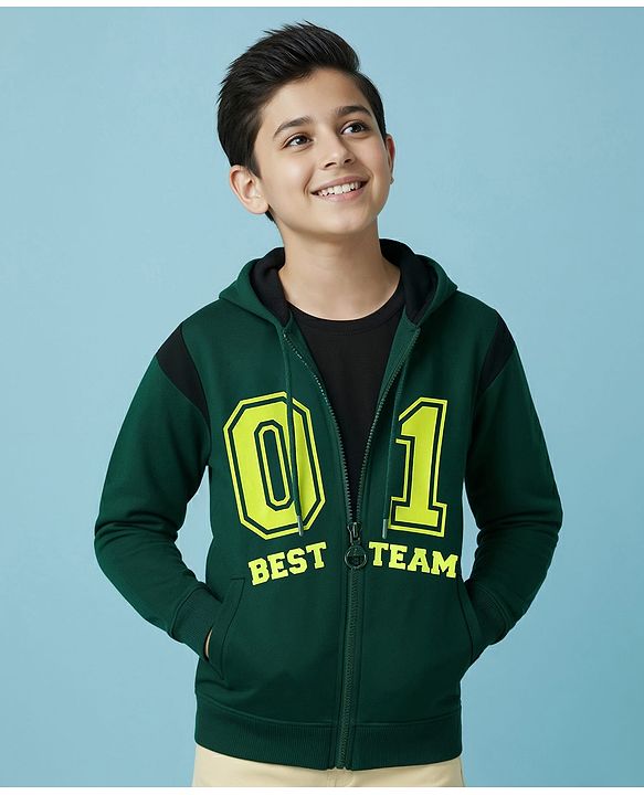Pine Kids Cotton Knit Full Sleeves Hooded Bio Washed Basic Sweat Jacket With Text Print - Aventurine