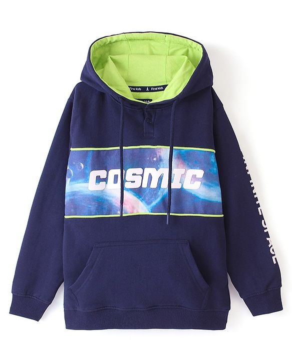 Pine Kids Full Sleeves Hooded Biowashed Sweatshirt Cosmic Print - Blue