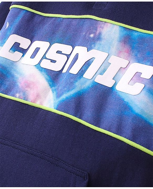 Pine Kids Full Sleeves Hooded Biowashed Sweatshirt Cosmic Print - Blue