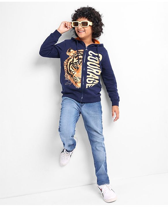 Pine Kids Full Sleeves Hooded Front Open Biowashed Sweatjacket Tiger Print - Navy Blue