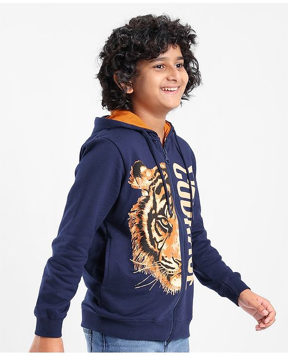 Pine Kids Full Sleeves Hooded Front Open Biowashed Sweatjacket Tiger Print - Navy Blue