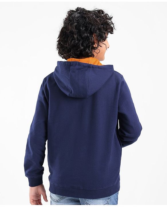 Pine Kids Full Sleeves Hooded Front Open Biowashed Sweatjacket Tiger Print - Navy Blue