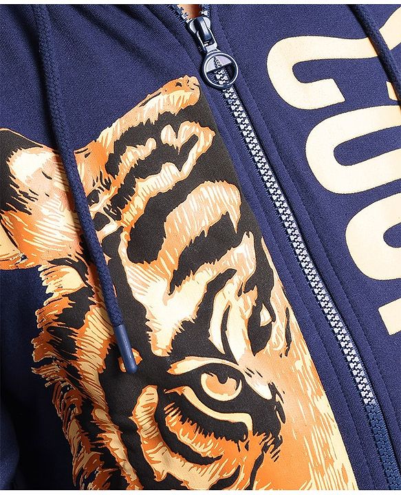 Pine Kids Full Sleeves Hooded Front Open Biowashed Sweatjacket Tiger Print - Navy Blue