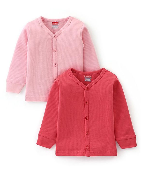 Babyhug Cotton Full Sleeves Thermal Wear Solid Pack Of 2 - Pink & Red