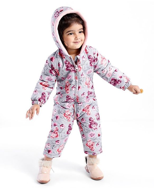 Babyhug Woven Full Sleeves Winter Wear Hooded Romper with Front Zipper Floral Print - Purple & Pink