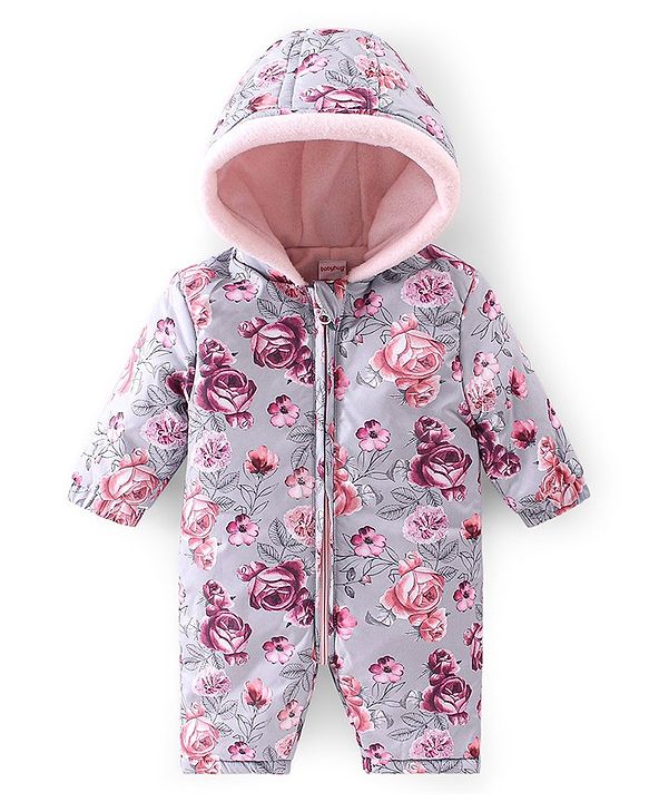 Babyhug Woven Full Sleeves Winter Wear Hooded Romper with Front Zipper Floral Print - Purple & Pink