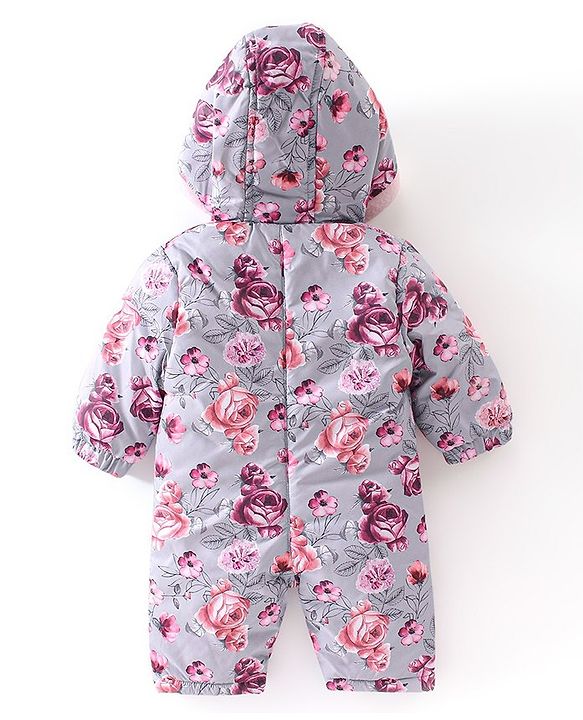 Babyhug Woven Full Sleeves Winter Wear Hooded Romper with Front Zipper Floral Print - Purple & Pink