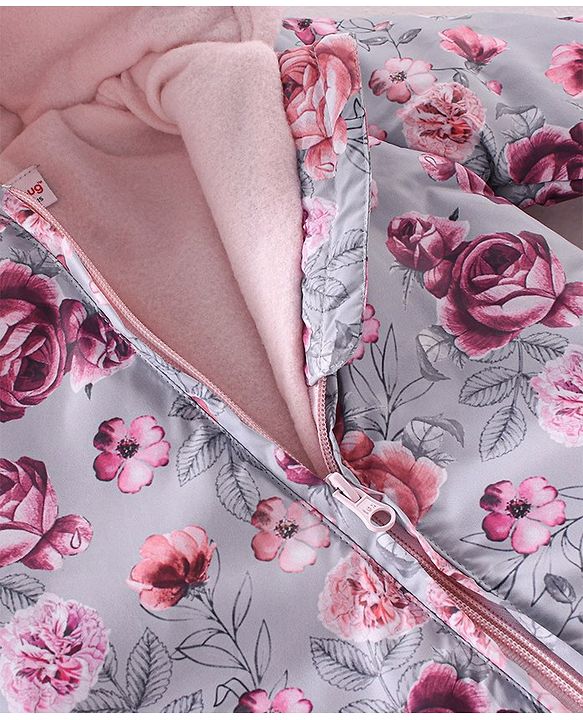 Babyhug Woven Full Sleeves Winter Wear Hooded Romper with Front Zipper Floral Print - Purple & Pink