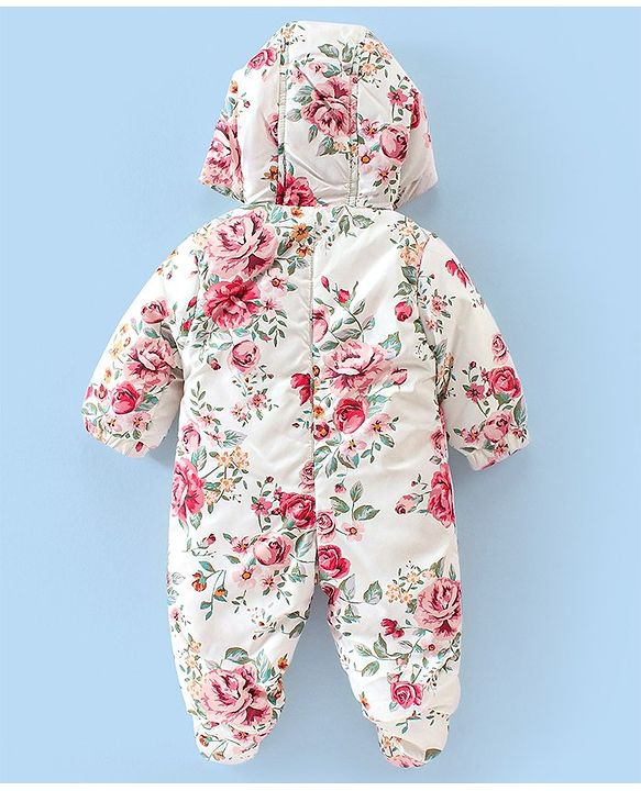 Babyhug Woven Full Sleeves Winter Wear Hooded Romper with Front Zipper Floral Print - White & Pink