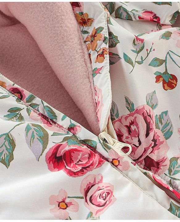 Babyhug Woven Full Sleeves Winter Wear Hooded Romper with Front Zipper Floral Print - White & Pink