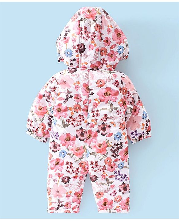 Babyhug Woven Full Sleeves Winter Wear Hooded Romper Floral Print - Multicolour