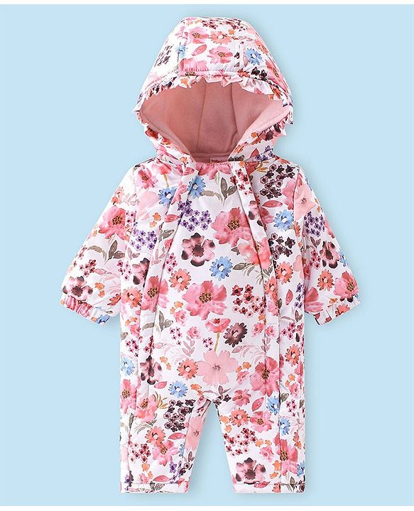 Babyhug Woven Full Sleeves Winter Wear Hooded Romper Floral Print - Multicolour