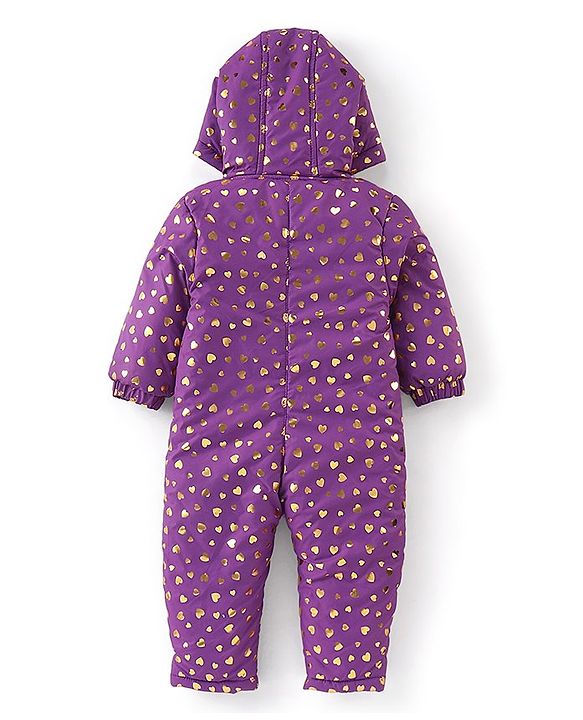 Babyhug Woven Full Sleeves Heart Foil Print Winter Wear Hooded Romper - Peach